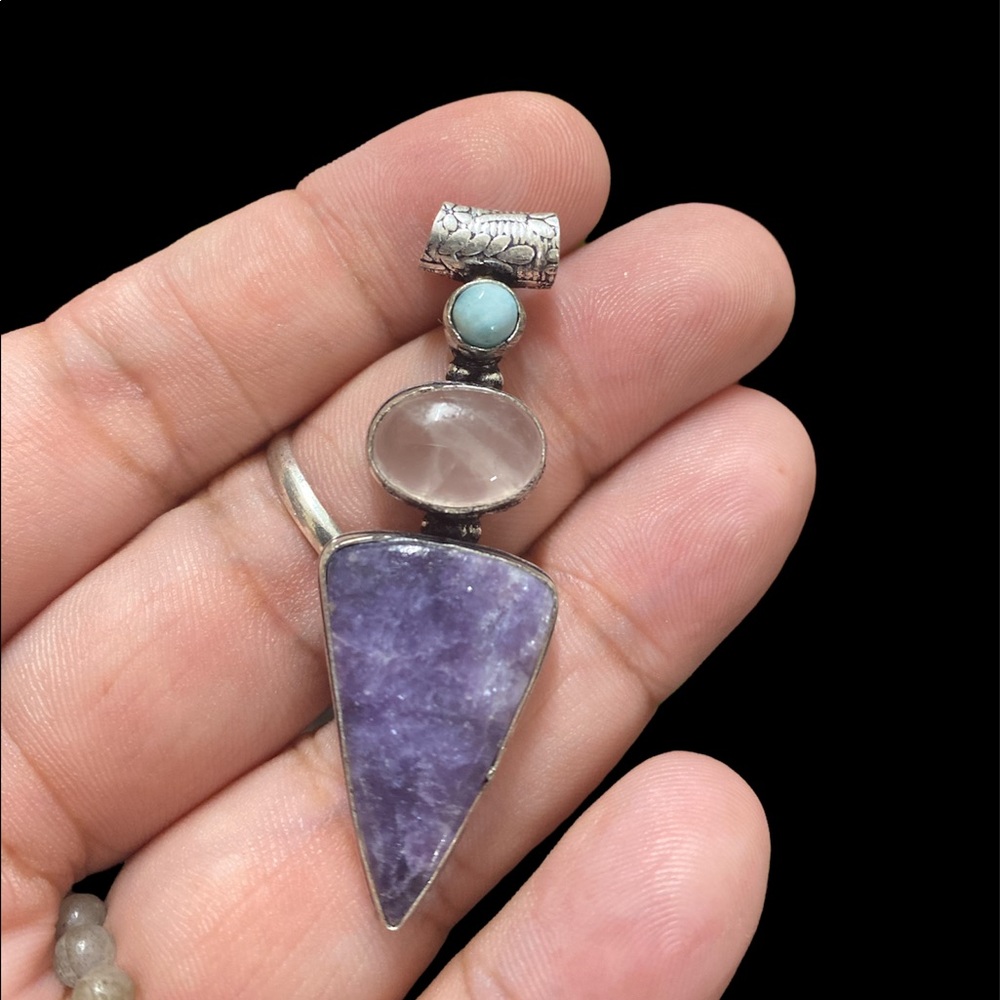 COPY - Lepidolite rose quartz Larimar pendant